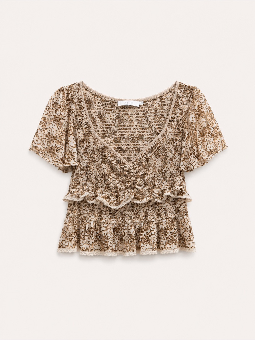Astr Brown Floral Ruffle Peplum Blouse
